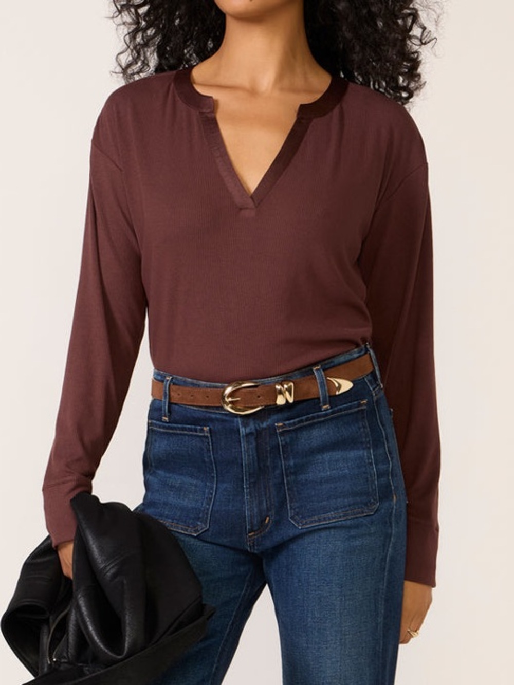 Evereve Bex Split Neck Top Brown Modal Blend Classic Preppy Closet Staple Medium